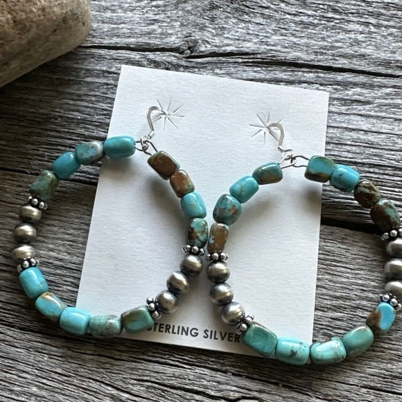 Sterling Silver Blue Green Turquoise Oxidized Pearls Bead Hoop Earrings 2.6 Inch - Picture 9 of 12